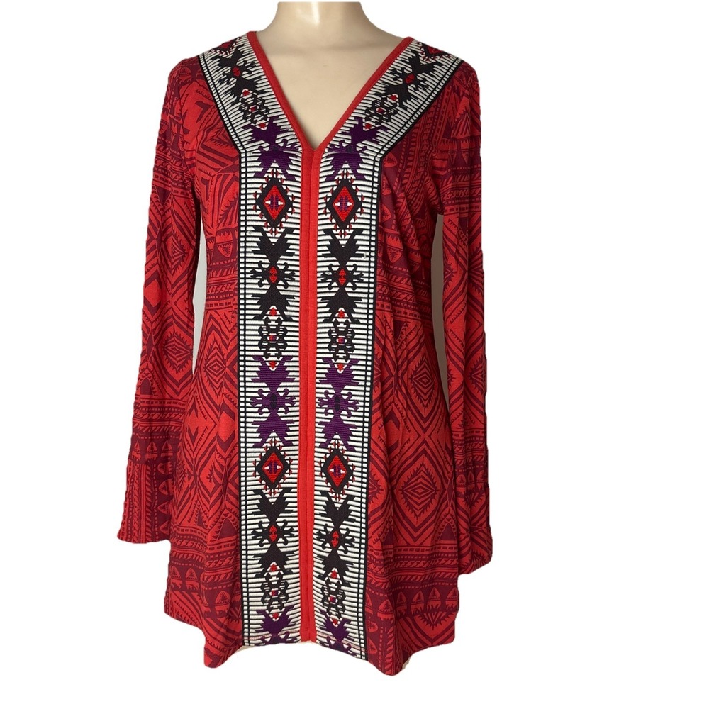 Soft Surroundings Kalahari Red Embroidered Long Sleeve Tunic Top Size XS